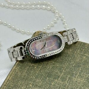 Silver Diamanté Fossil Watch with Purple and Pink Iridescent Dial